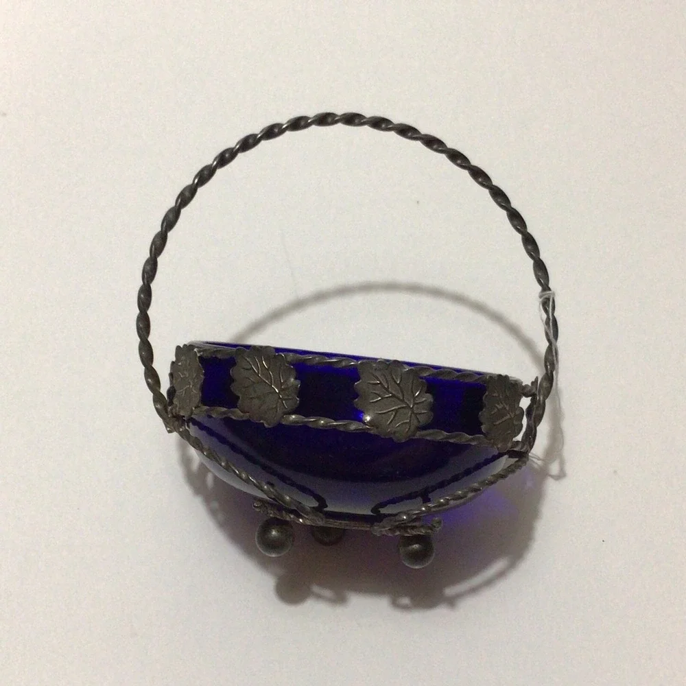 Vintage Cobalt Blue Glass Condiment‎ Dish In Metal Carrier made in England